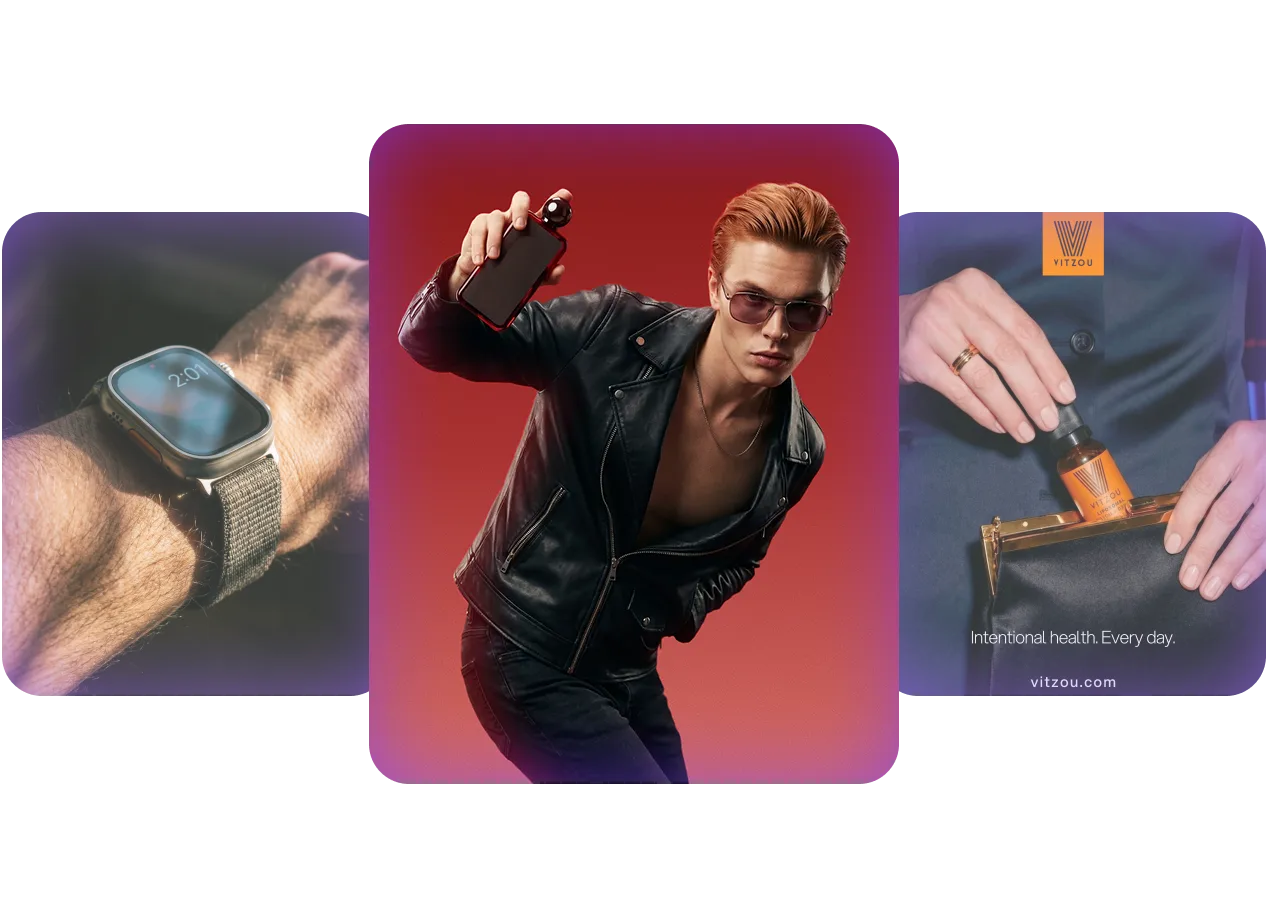 Collage with three images: left, a wrist wearing a smartwatch showing 2:01; center, a young man with sunglasses and a leather jacket holding a black device against a red background; right, hands placing a Vitzou branded product bottle into a purse with the text 'Intentional health. Every day.'