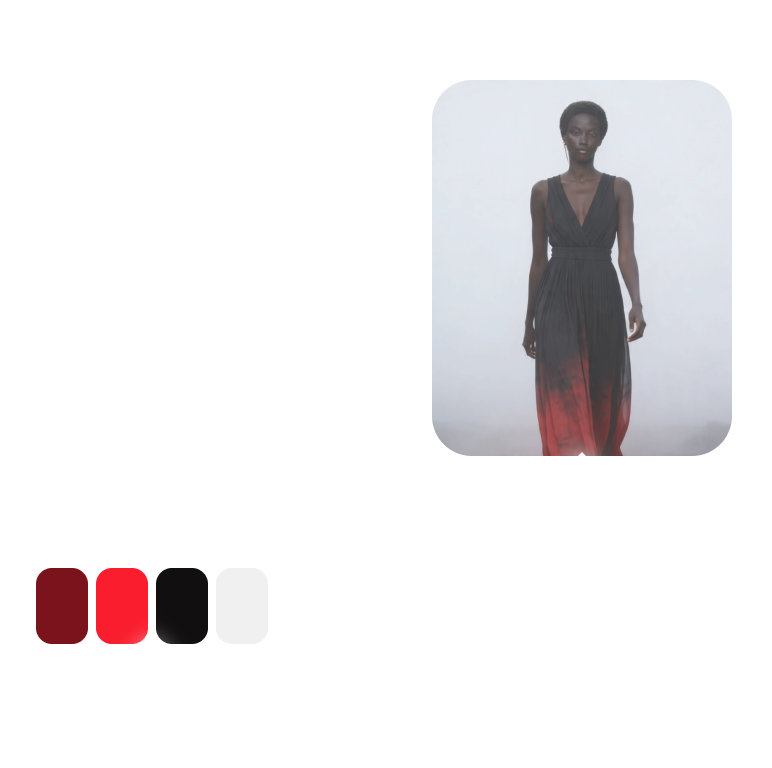 Model wearing a sleeveless black dress that fades into red at the bottom, with a deep V-neck and cinched waist, on a light gray background.