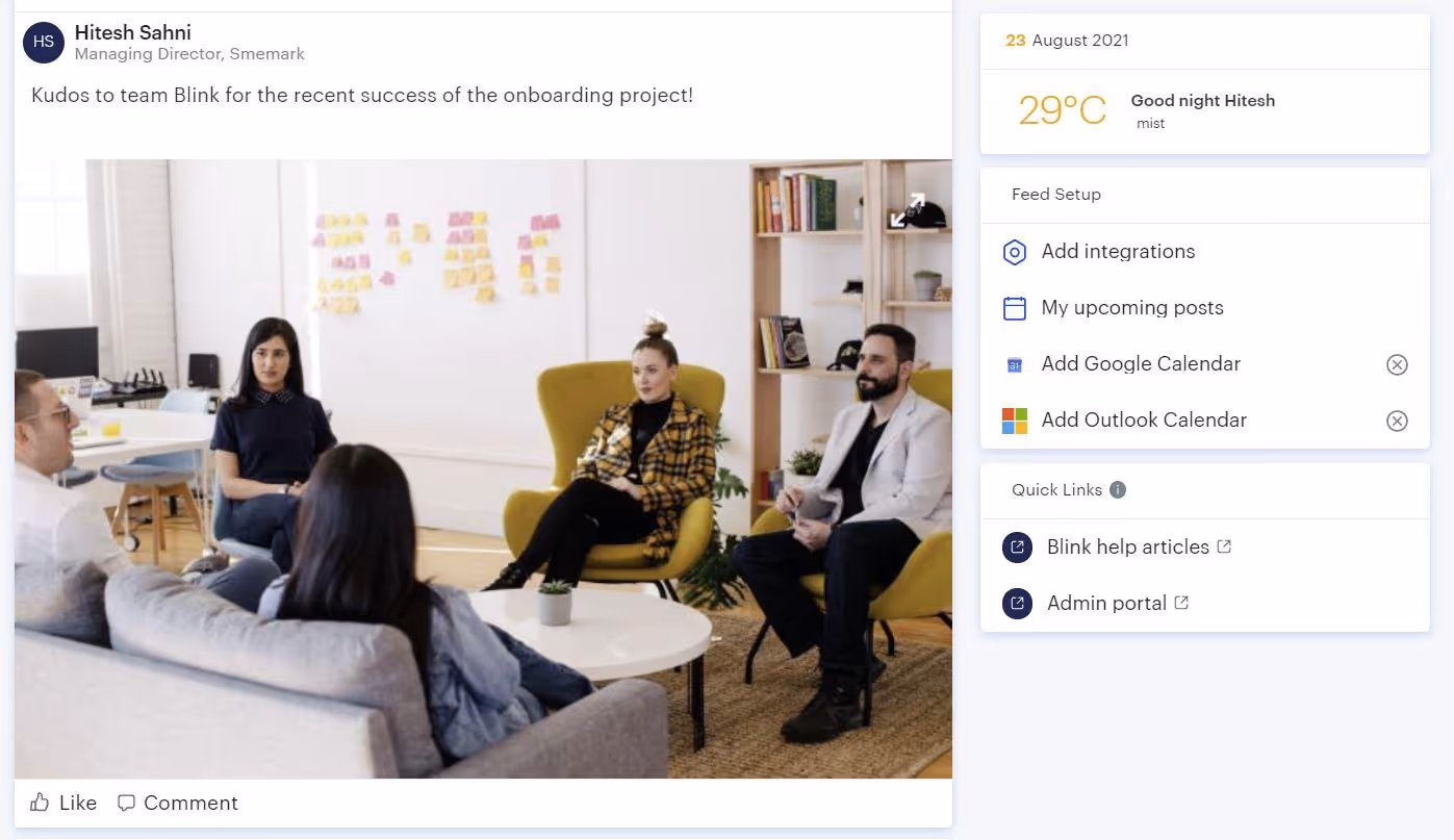 Giving recognition via Blink’s newsfeed updates.