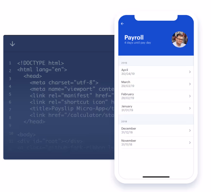 Mockup of a Payroll microapp within Blink with custom code background. 