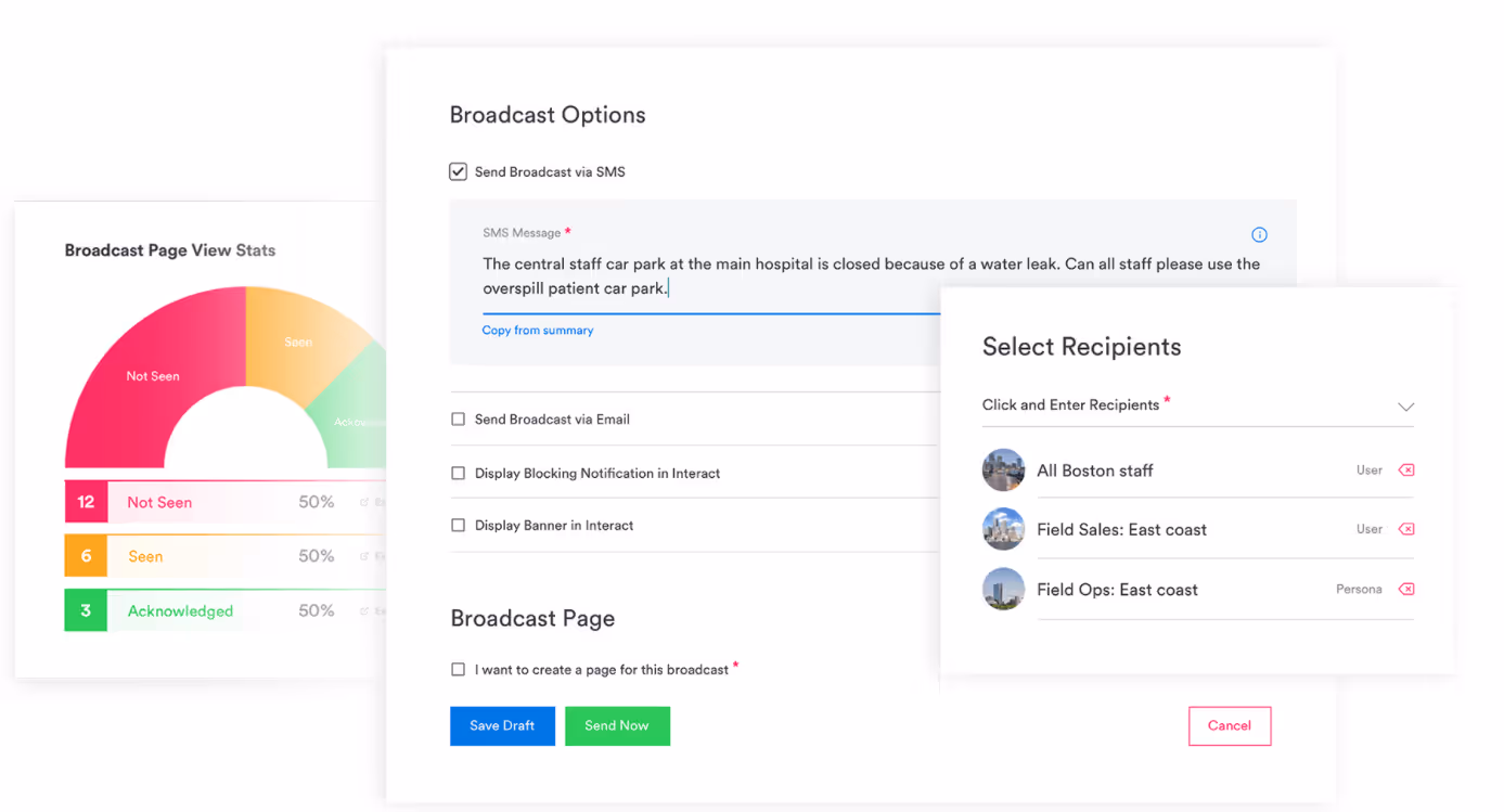 Screenshots Mockup of Interact’s broadcast settings and page view stats.