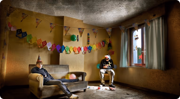 Two men at an empty party