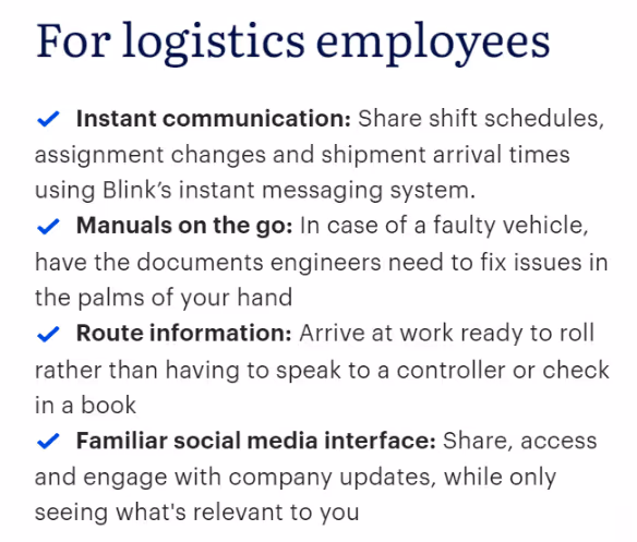 Image showing the benefits of having an employee app for logistics workforce. Benefits include instant communication, on the go manuals, and easy access route information