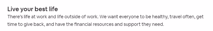 Image of a quote from AirBnB careers page highlighting their approach to work. "live your best life"