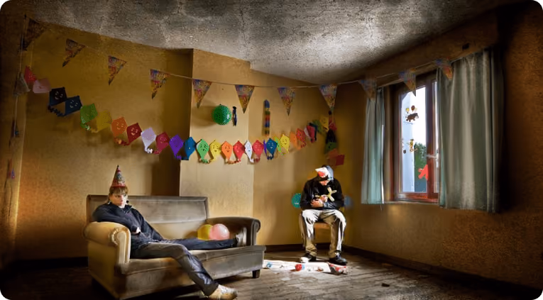 Two men at an empty party