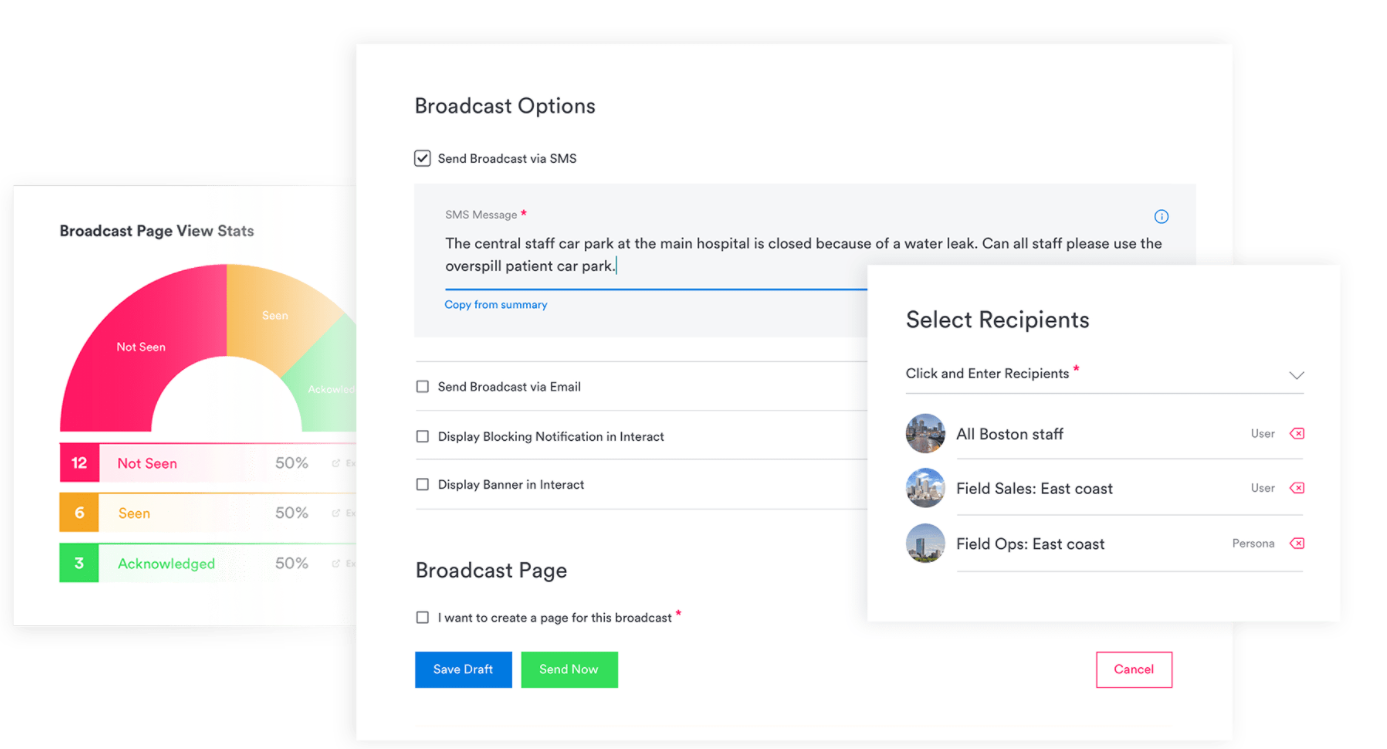 Screenshots Mockup of Interact’s broadcast settings and page view stats.