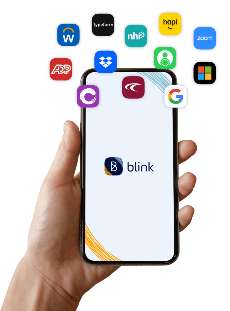 Mockup of Blink on mobile showing chat features that support embedded documents.