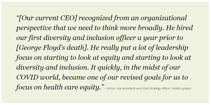 quote from vice president highlighting their CEO recognised healthy equity as a priority 