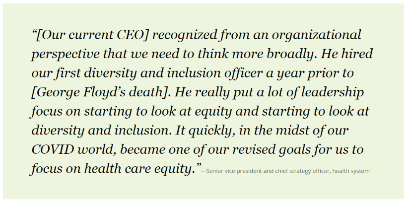 quote from vice president highlighting their CEO recognised healthy equity as a priority