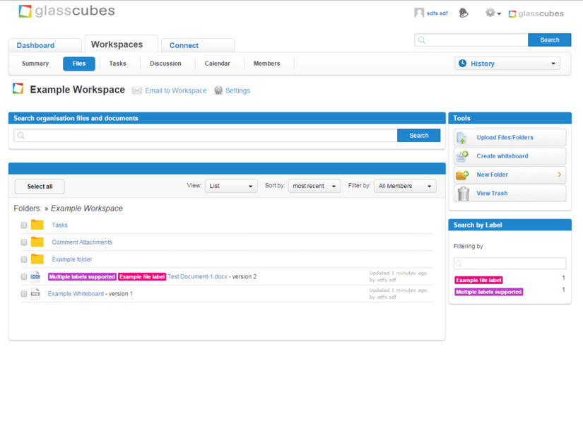Screenshot of Glasscubes workspace showing the file management system.