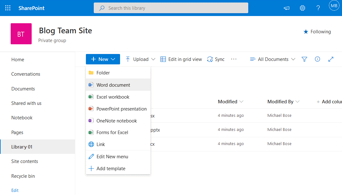 Screenshot of the Microsoft SharePoint ALT: Screenshot of the Microsoft SharePoint library showing the new document feature. 