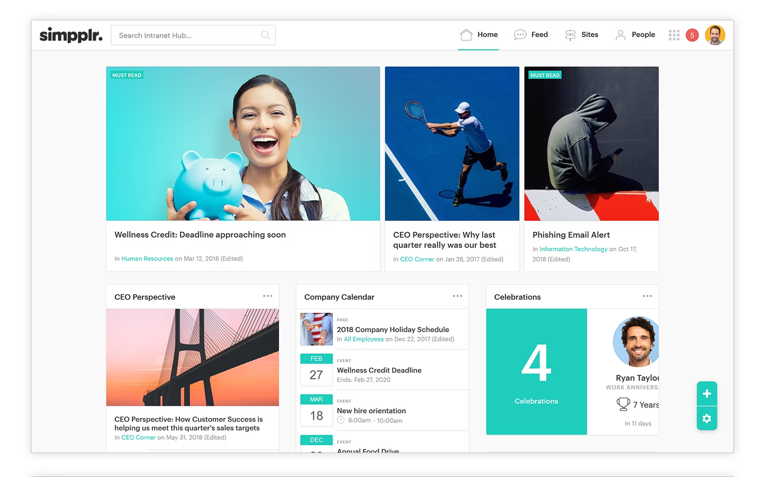Screenshot of Simpplr homepage showing a number of content tiles, including: company calendar, blog posts, articles, and celebrations.