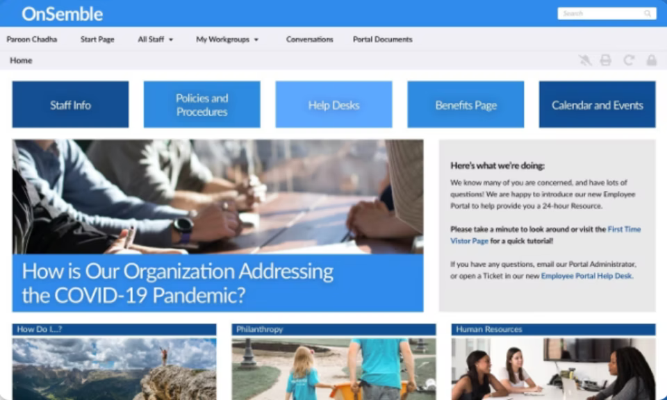 Screenshot of example OnSemble homepage showing news articles, calendar, and benefits page. 