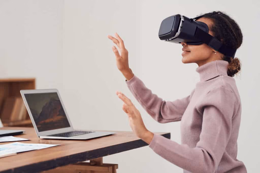 Woman wearing VR headset for healthcare. 