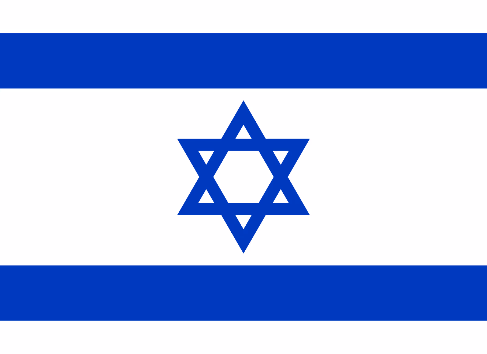 Flagge von Israel mit blauem Davidstern zwischen zwei blauen horizontalen Streifen auf weißem Hintergrund.