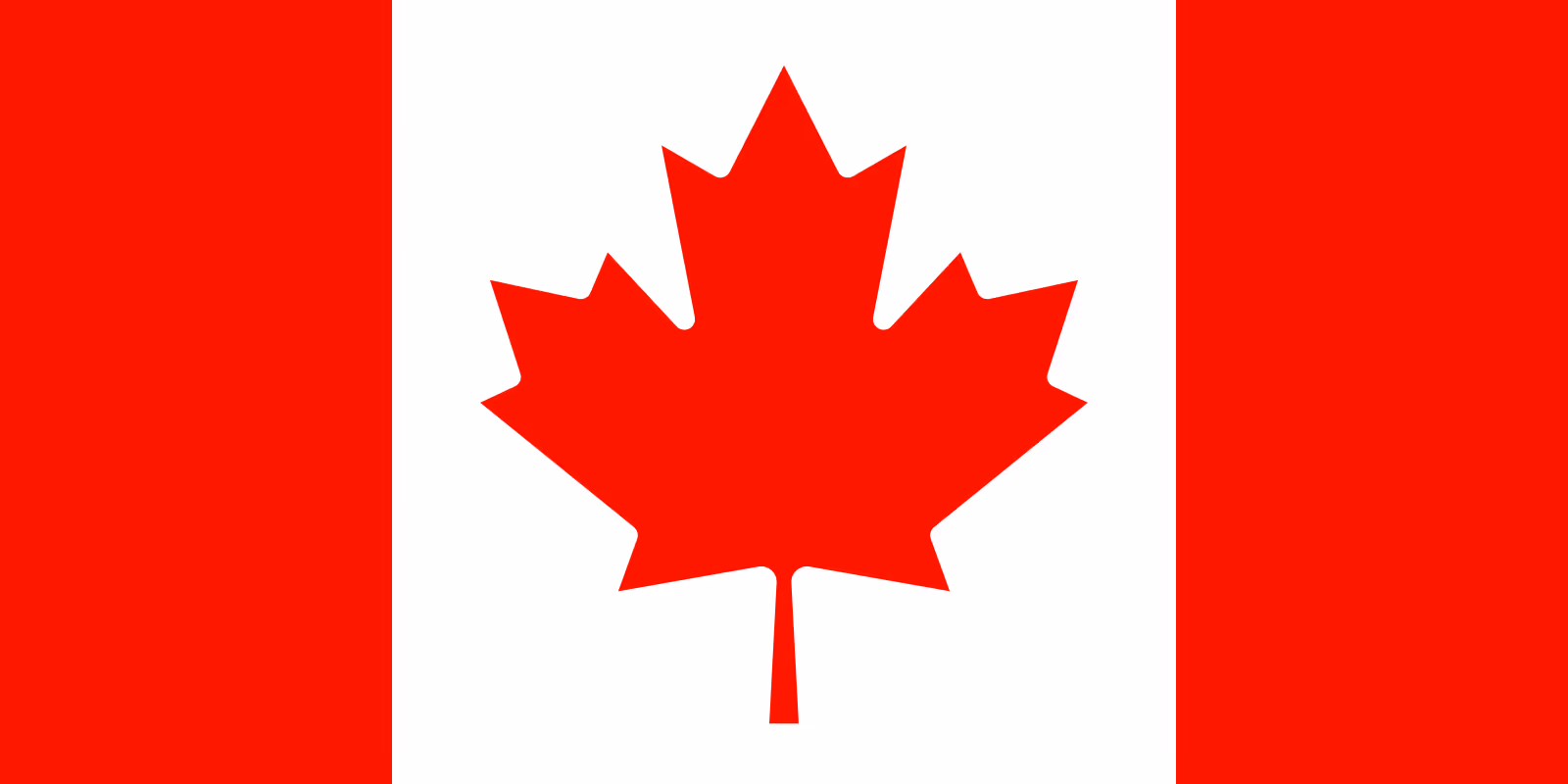 Flagge von Kanada mit rotem Ahornblatt in der Mitte auf weißem Hintergrund und roten Seitenstreifen.