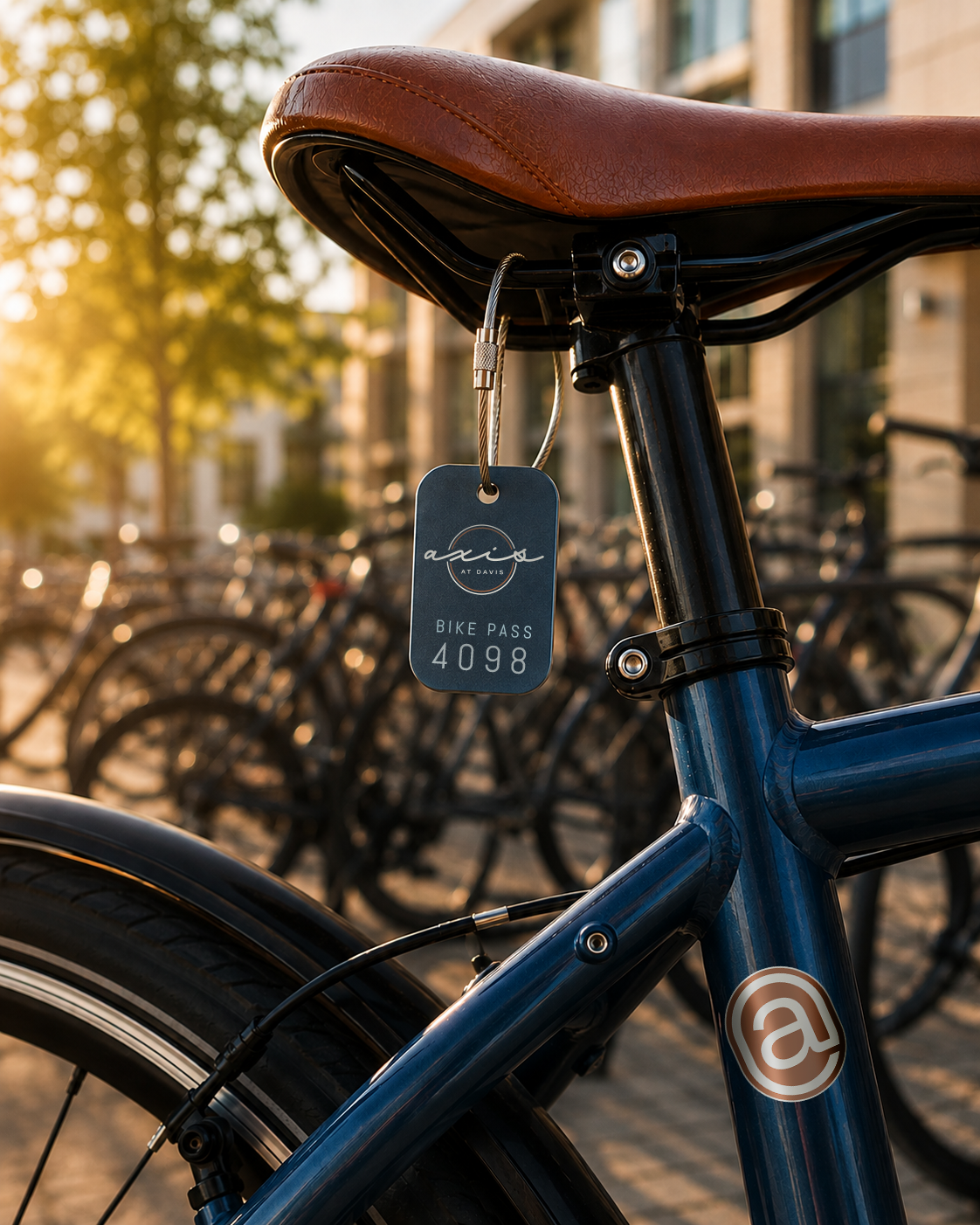 bike outside with a branded bike tag