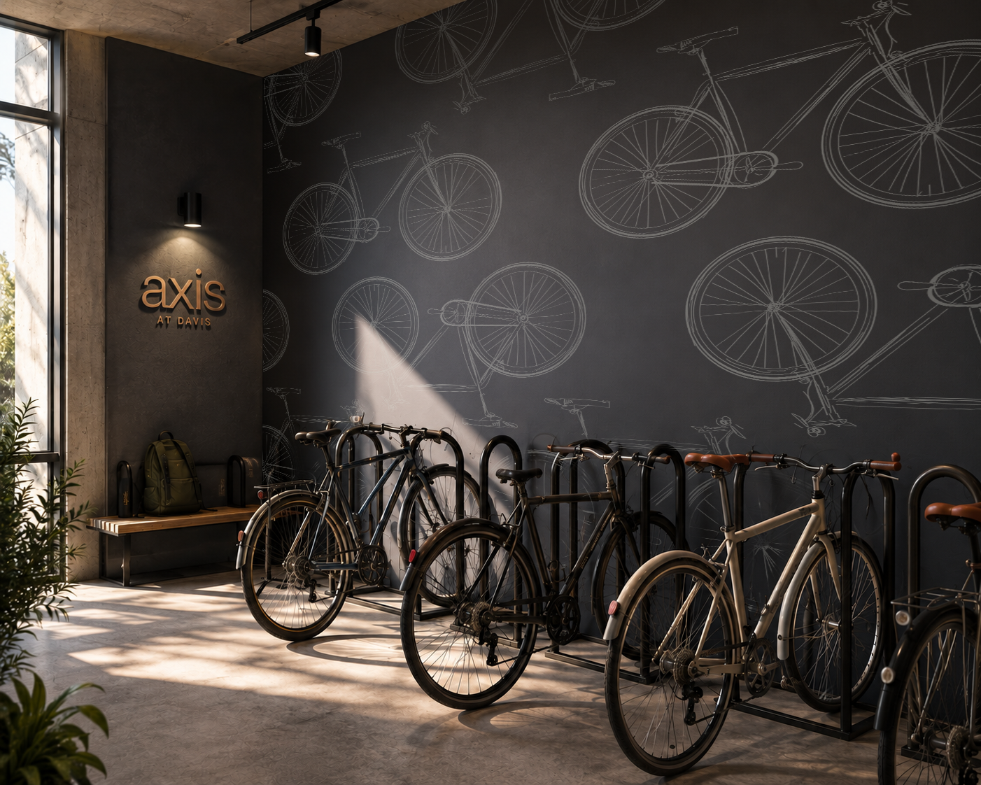 bikes storage against an interior wall with the brand pattern displayed