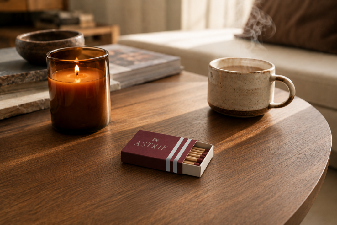 an astrie branded matchbox on a coffeetable in a living room