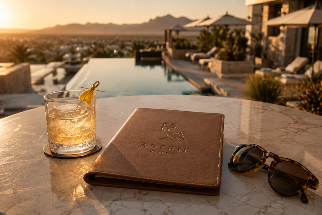 a leather check book on acocktail table overlooking the pool mock up