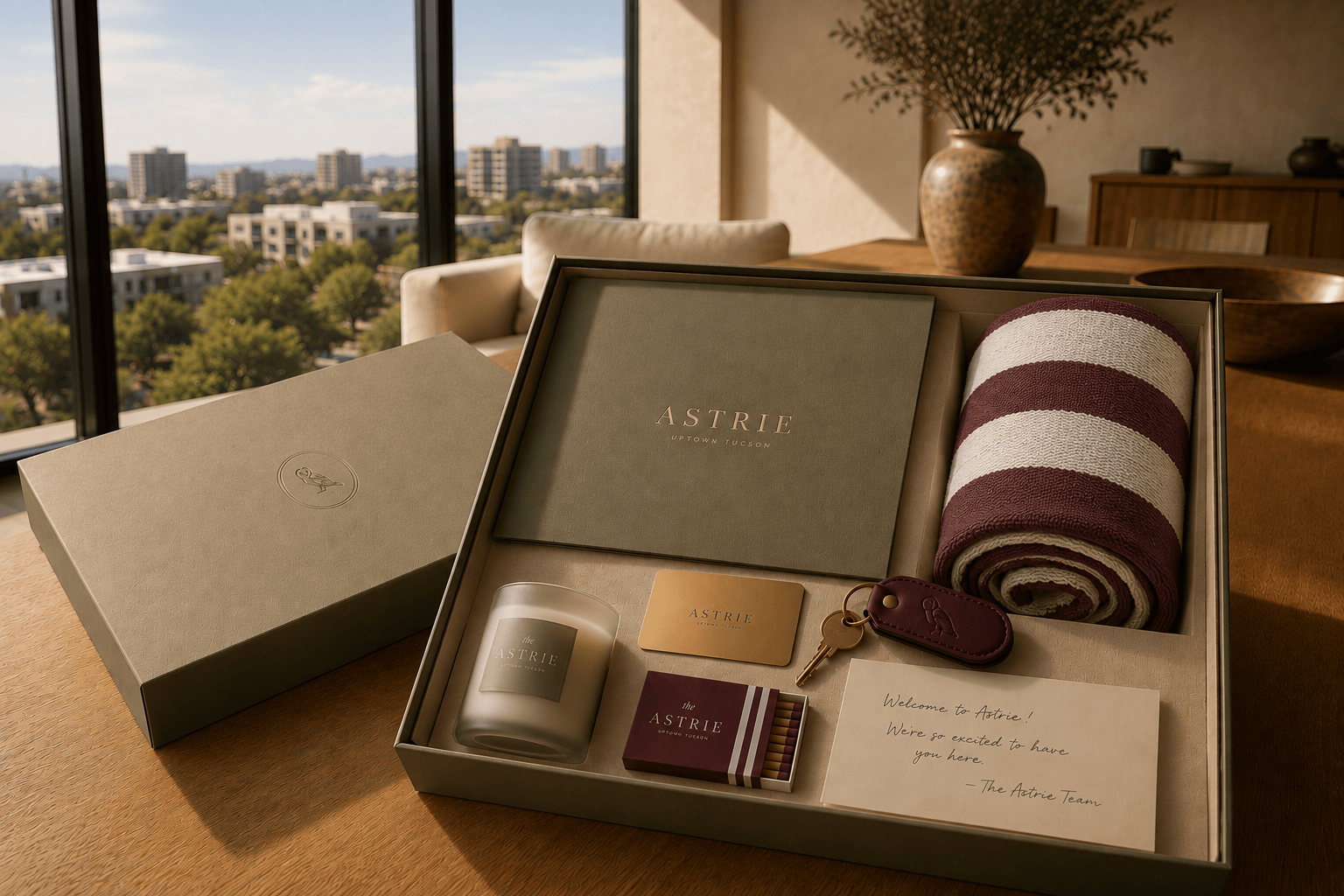 a welcome box filled with astrie branded swag