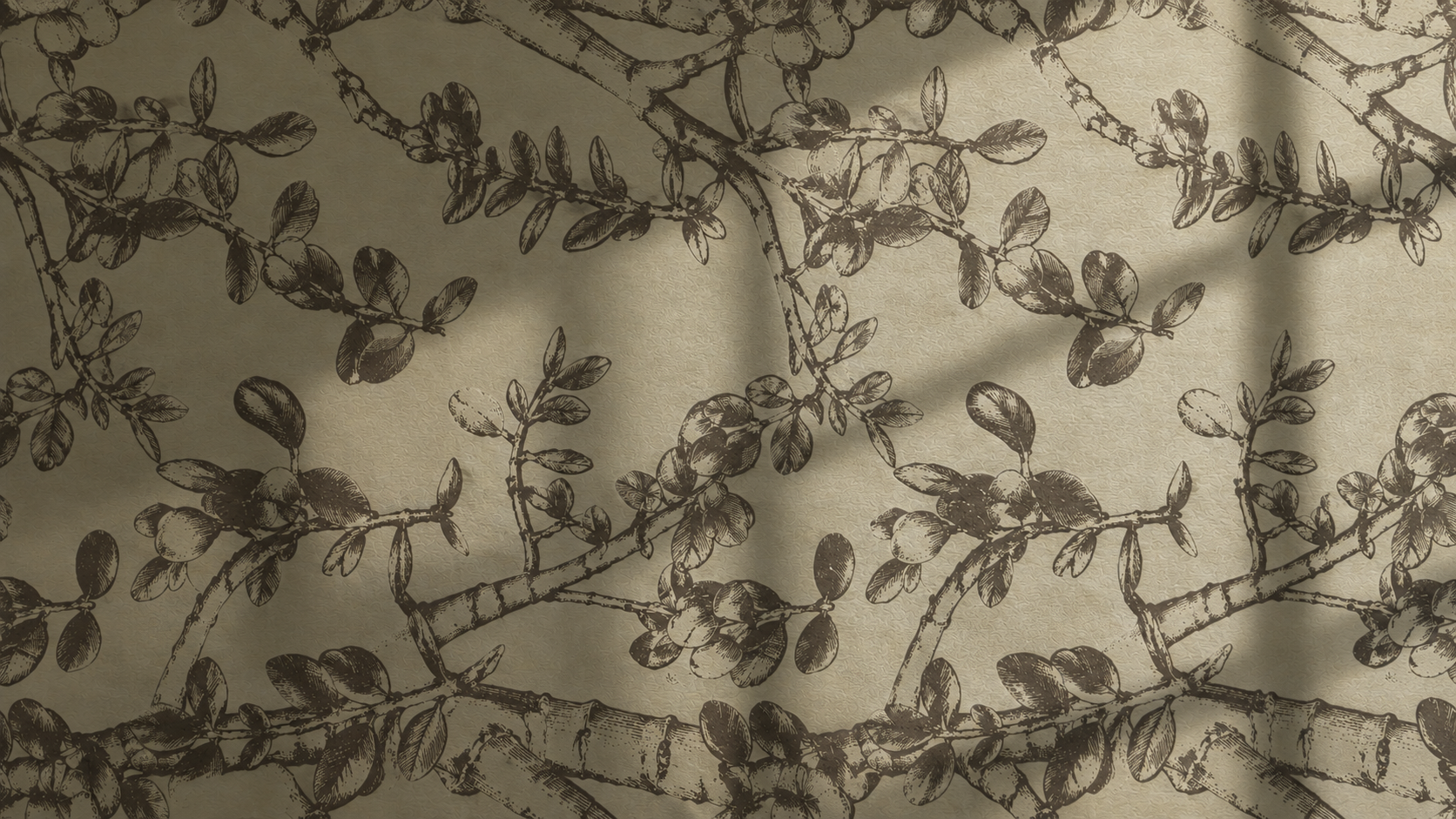 Ellery Lane botanical wallpaper featuring a repeating hand-drawn branch and foliage pattern in deep brown on a warm neutral background, softly illuminated by natural window light.