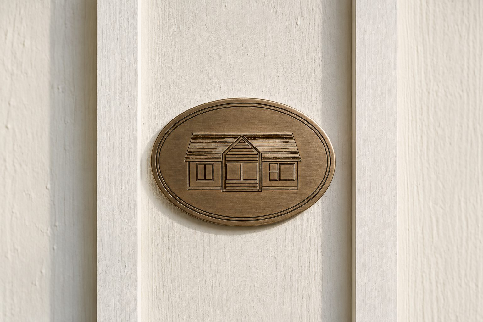 Close-up of an oval bronze Ellery Lane plaque featuring an engraved cottage illustration, mounted on white vertical board-and-batten siding in soft natural light.