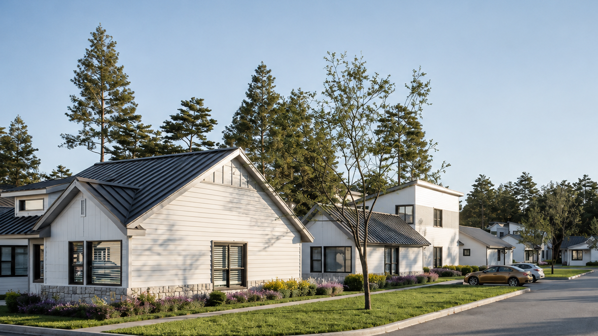 Exterior view of Ellery Lane featuring a row of white cottage-style homes with dark metal roofs, landscaped lawns, mature trees, and a quiet residential street.