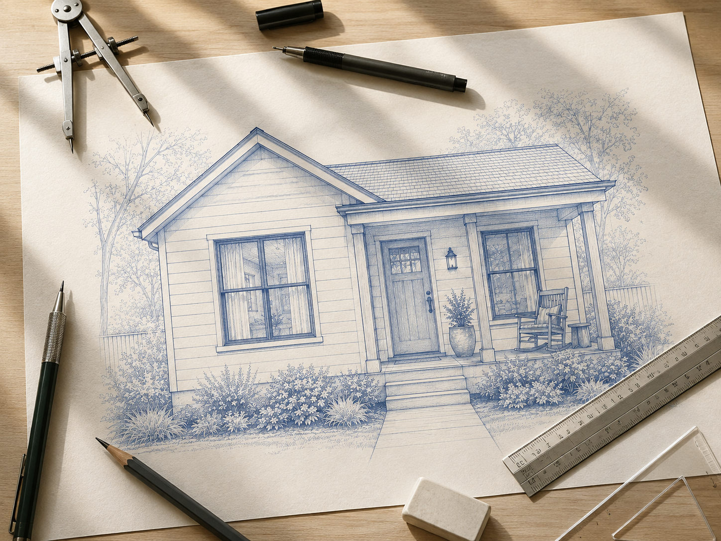 Architectural sketch of an Ellery Lane cottage displayed on a drafting table, surrounded by pencils, a compass, ruler, triangle, and other drafting tools.