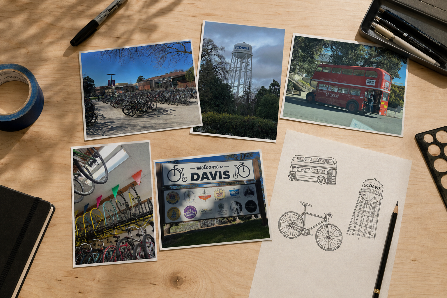 Overhead view of printed photographs from a Davis, California research trip arranged on a plywood work surface alongside hand-drawn sketches of a bicycle and double-decker bus, pencils, and drawing tools, showing the visual research behind the Axis at Davis brand identity.