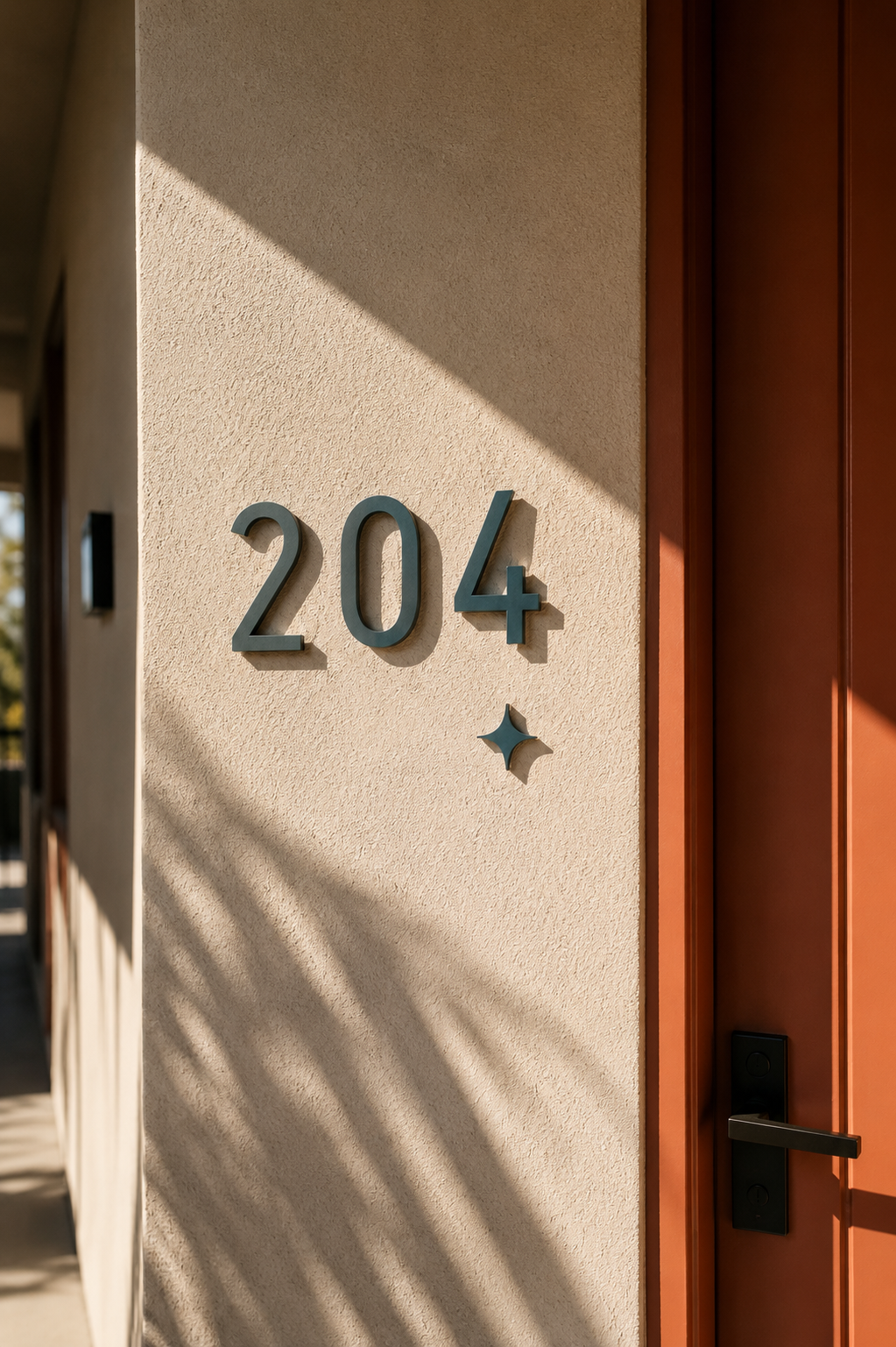 The Cleo apartment number 204 in dimensional teal lettering beside a clay-colored door, illuminated by warm sunlight and palm shadows.