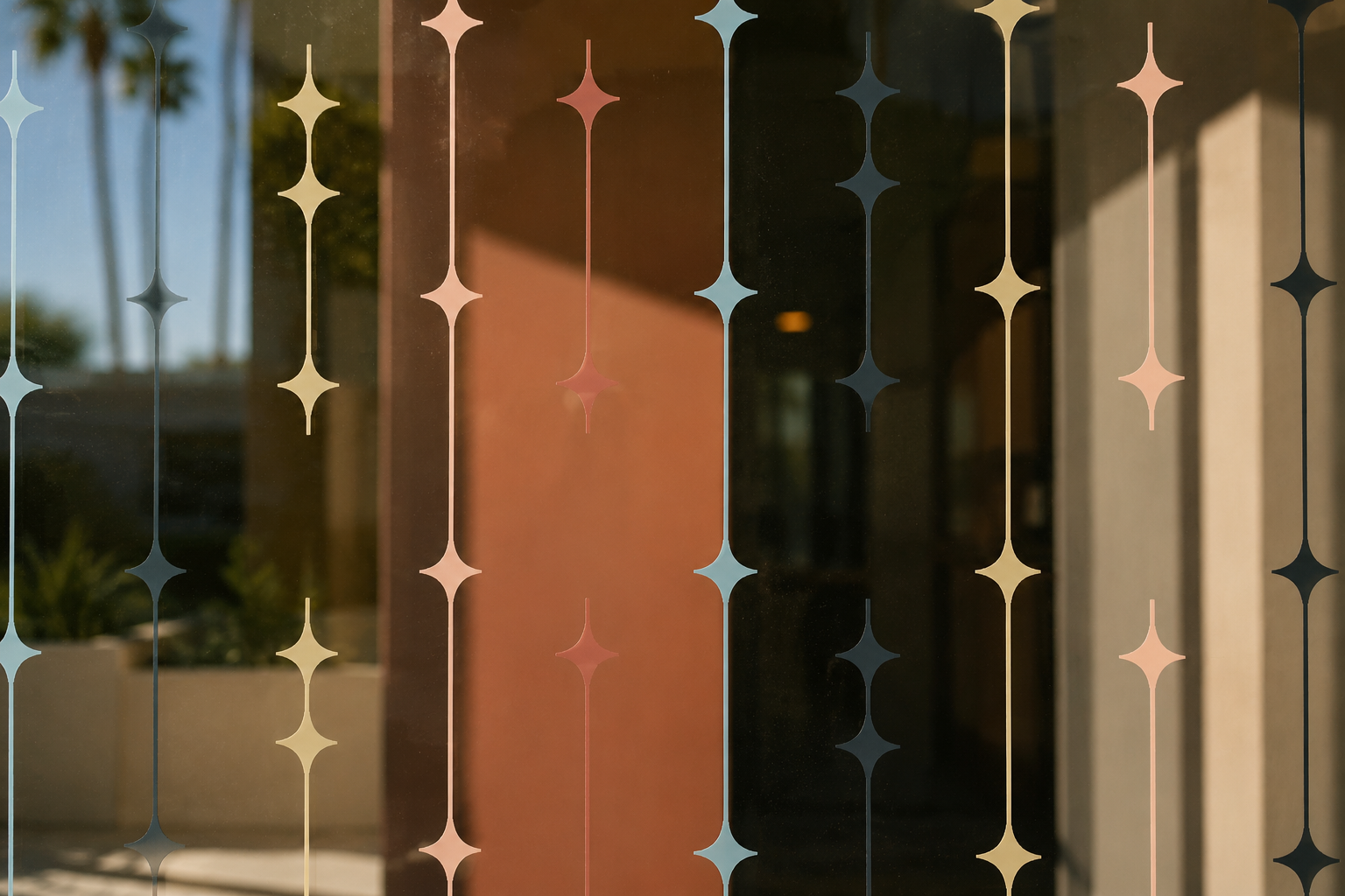 The Cleo’s colorful starburst pattern applied to a glass window, with warm sunlight and palm trees reflected in the background.