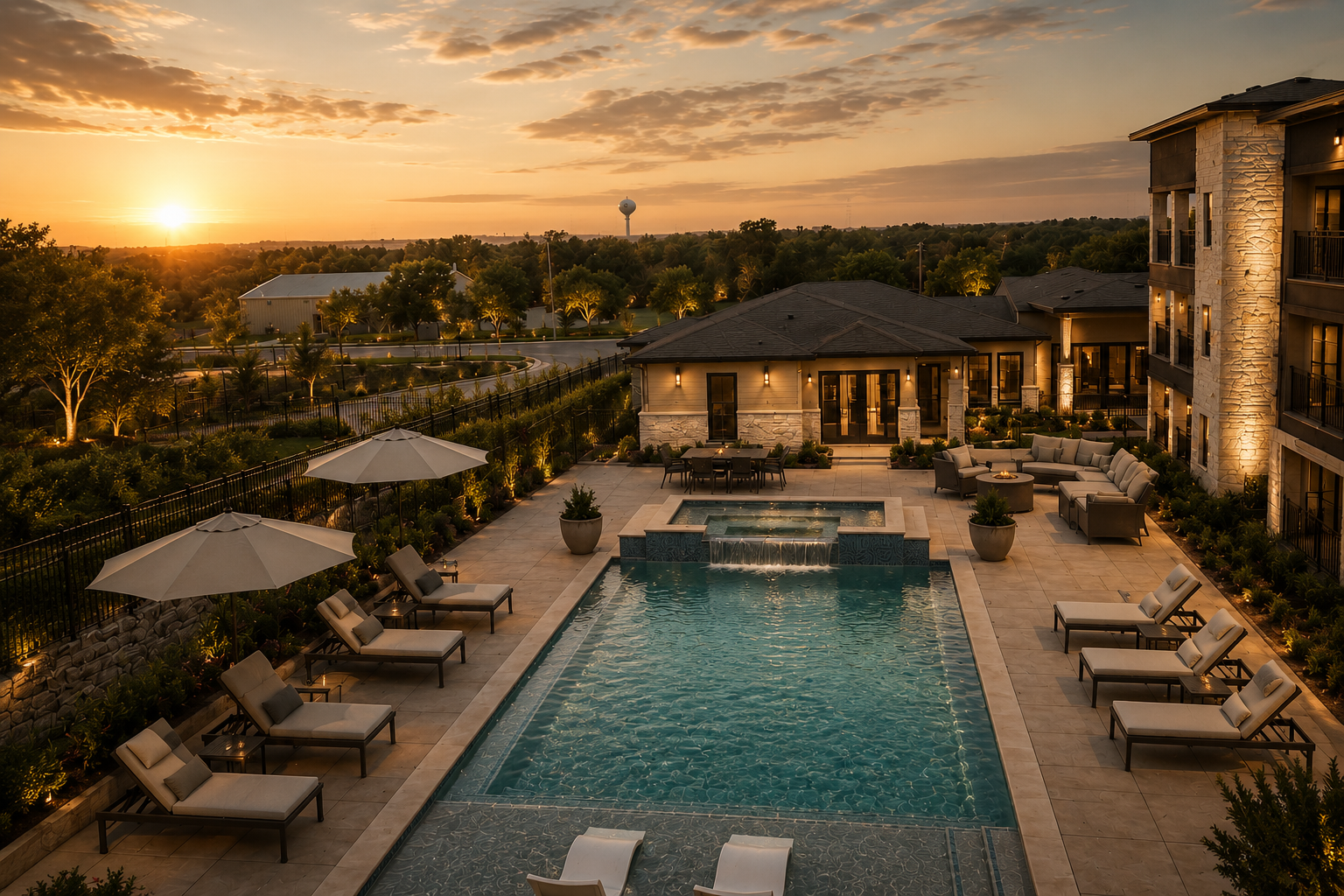 Elevated sunset view of The Reserves at Las Entradas pool and outdoor lounge, surrounded by landscaped grounds and contemporary Texas architecture.