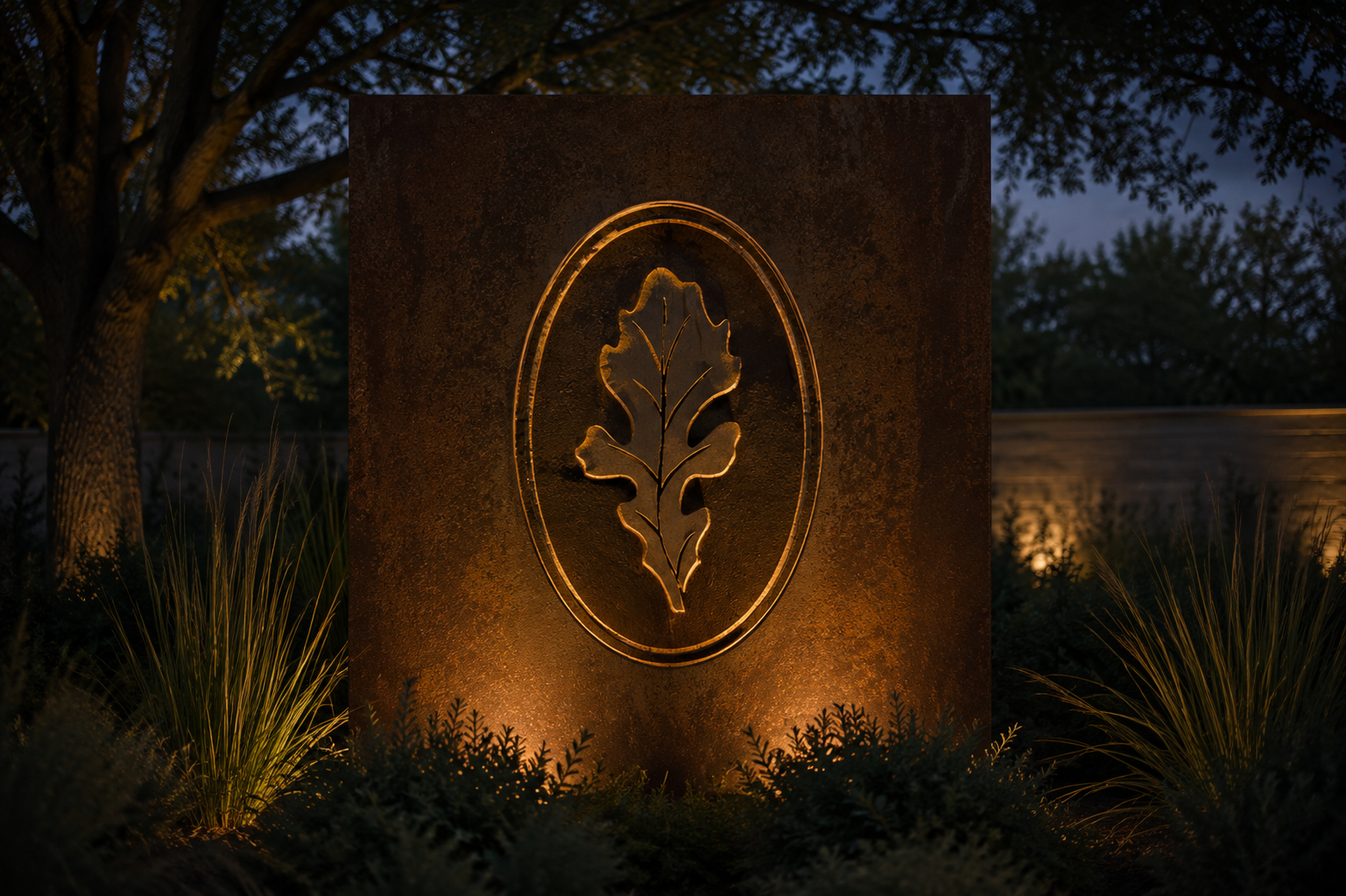 Illuminated Reserves at Las Entradas oak leaf emblem on a weathered metal monument sign, surrounded by native landscaping and mature trees at dusk.