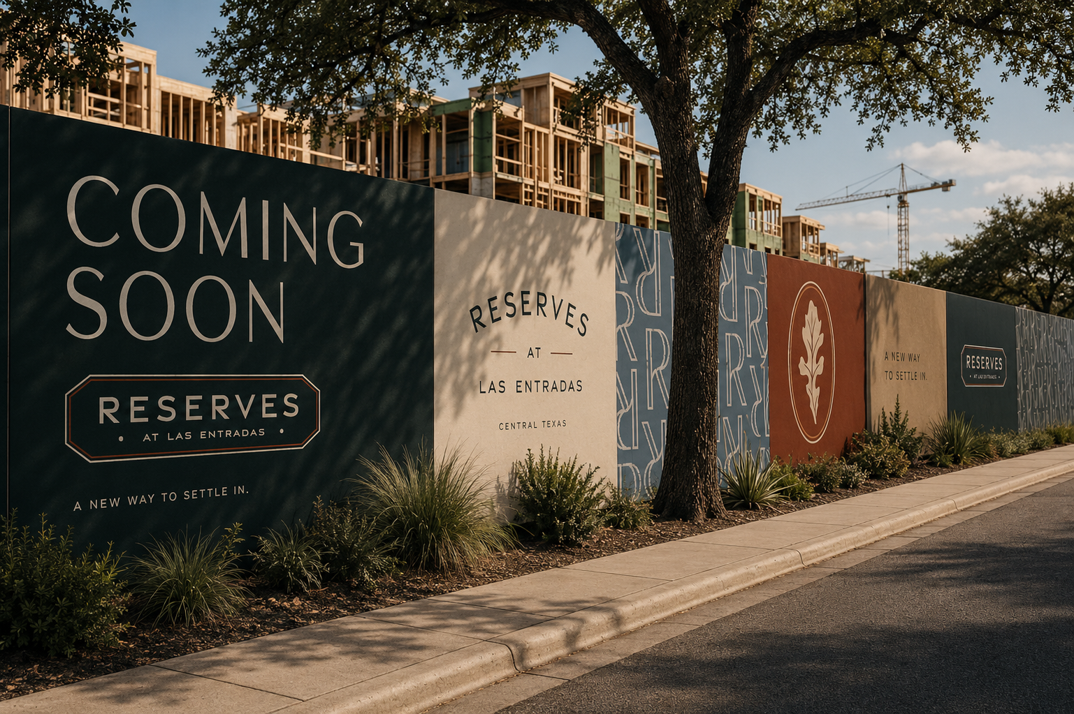 Reserves at Las Entradas branded construction signage featuring logos, patterns, and “Coming Soon” messaging outside a multifamily development under construction.