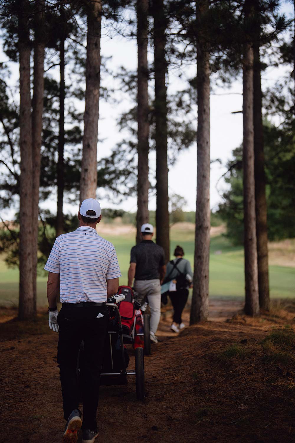 People walking through trees with their golf clubs