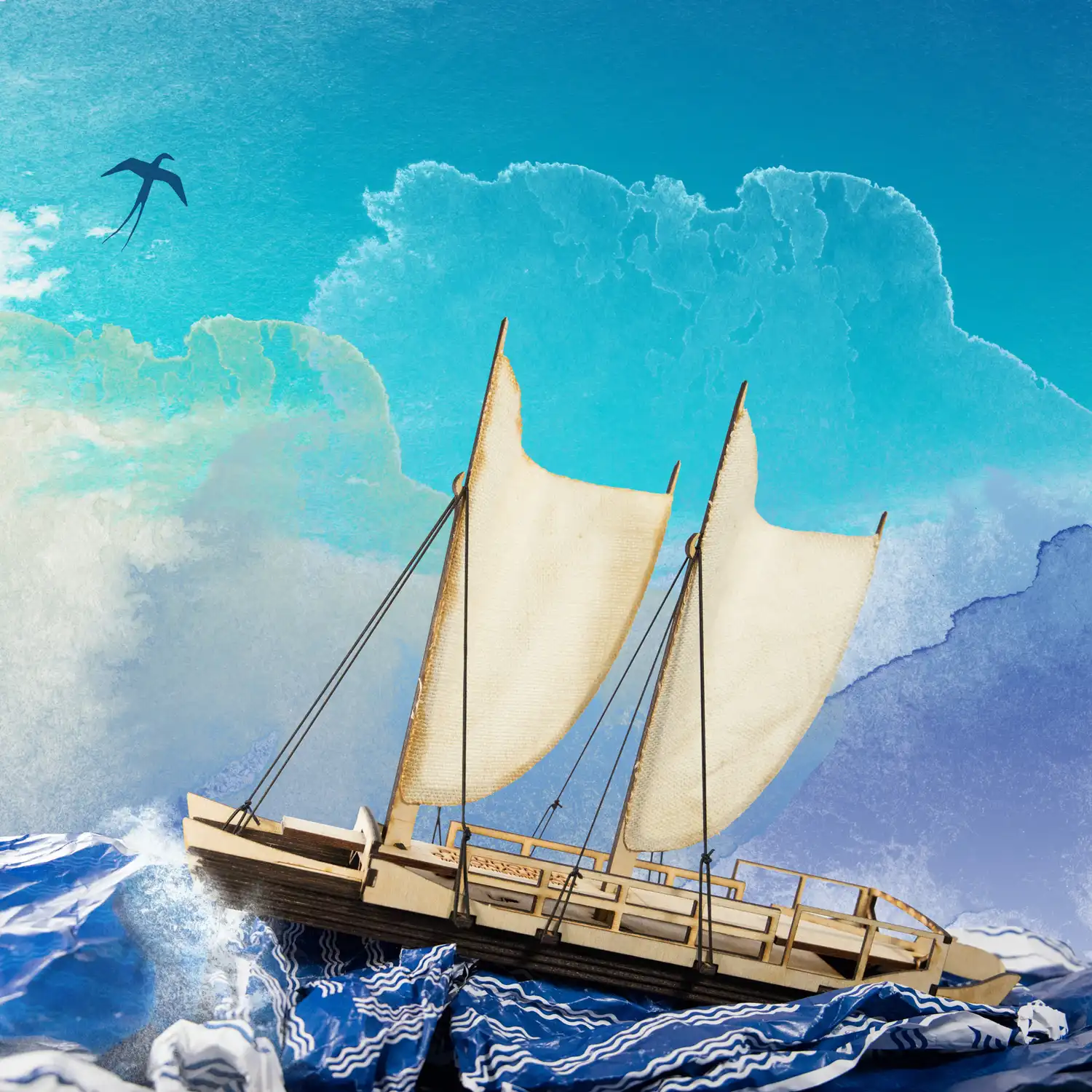 Photography composite of a model waʻa and a digital painted background
