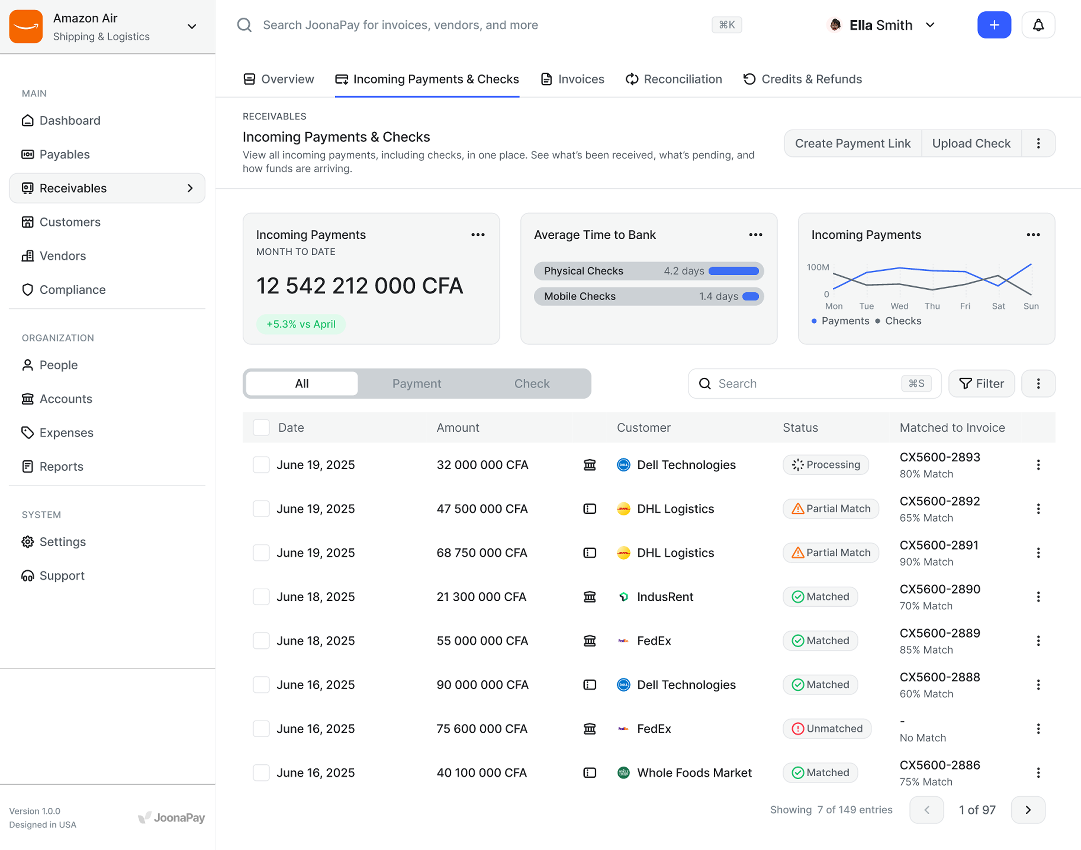 JoonaPay Light Mode Dashboard Image