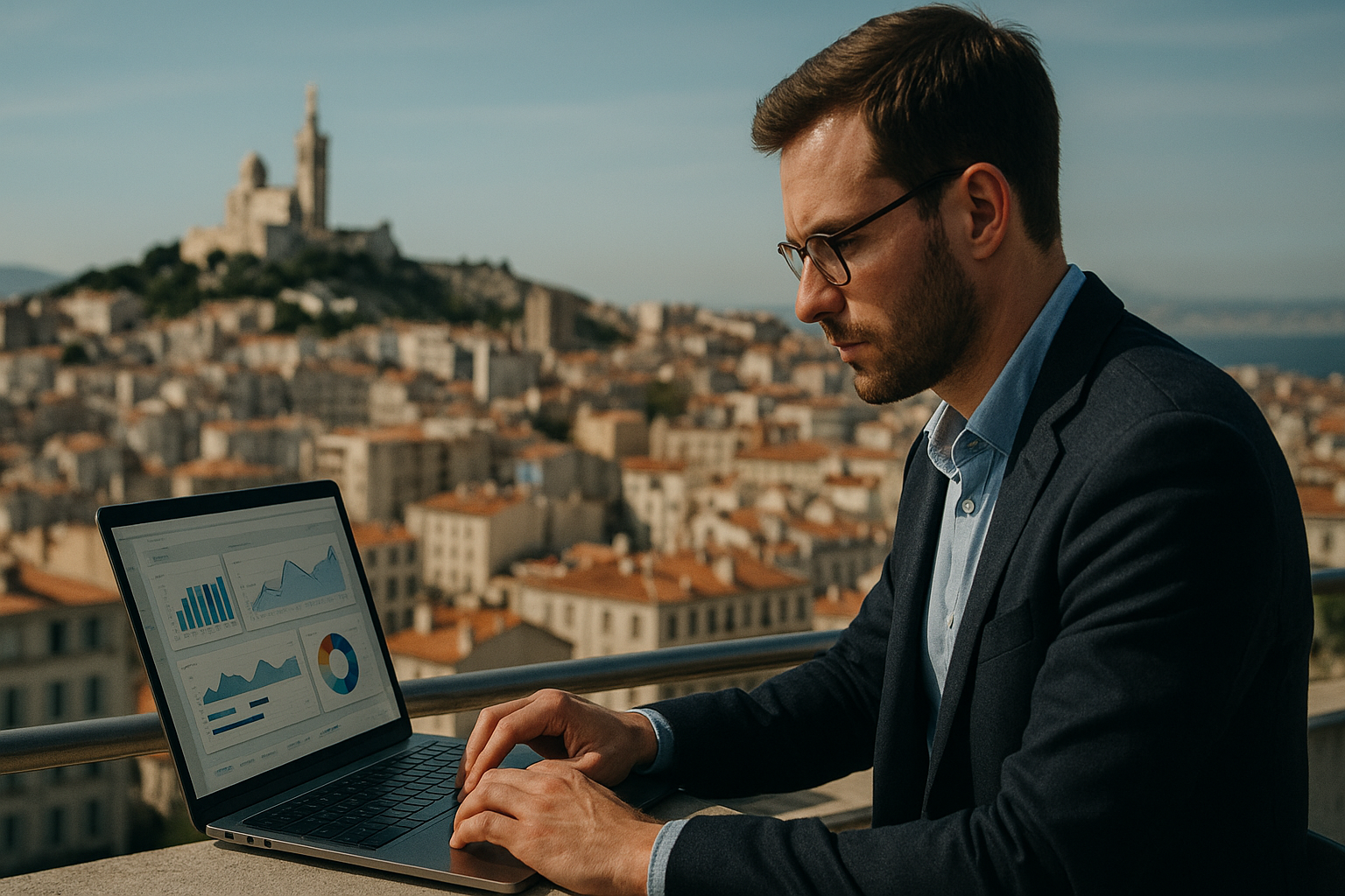Vue de Marseille avec un consultant travaillant sur son tableau de bord.