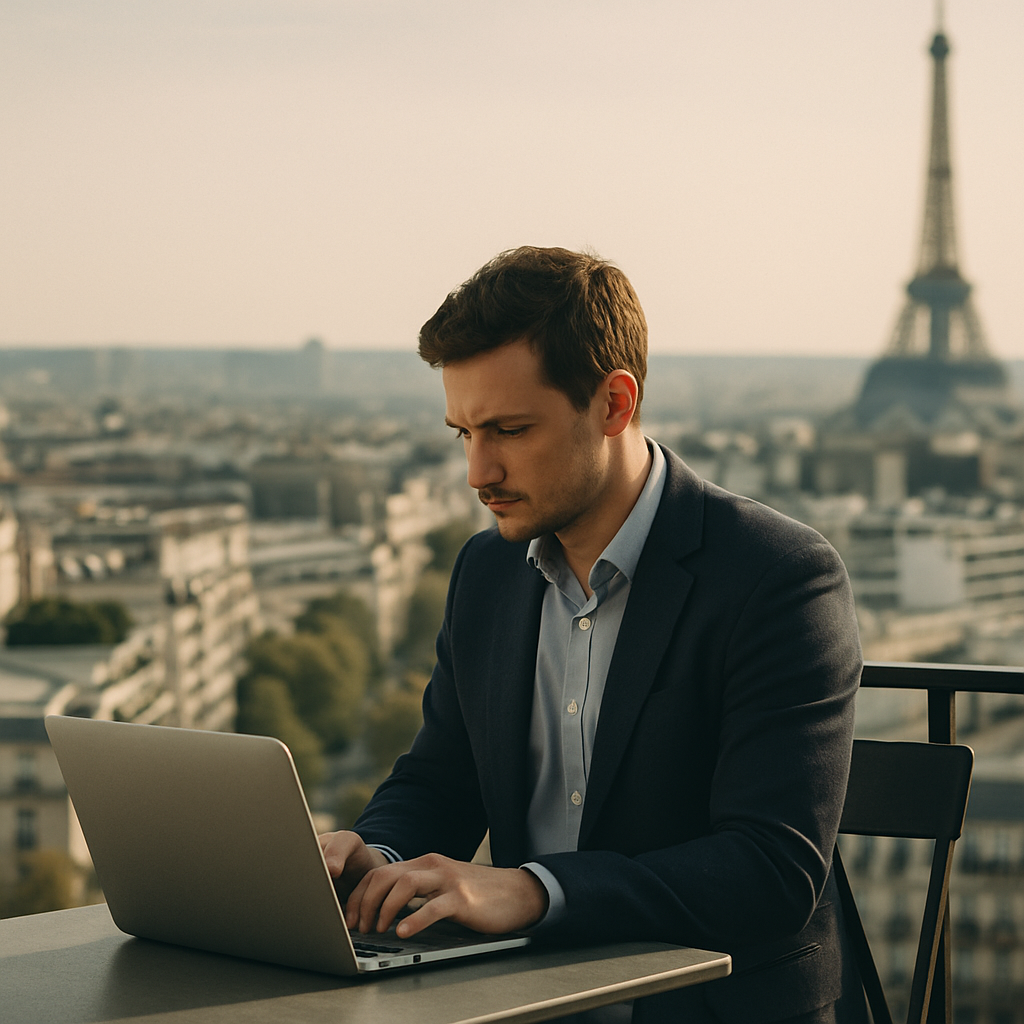 Vue aérienne de Paris avec un consultant en terrasse avec un ordinateur portable