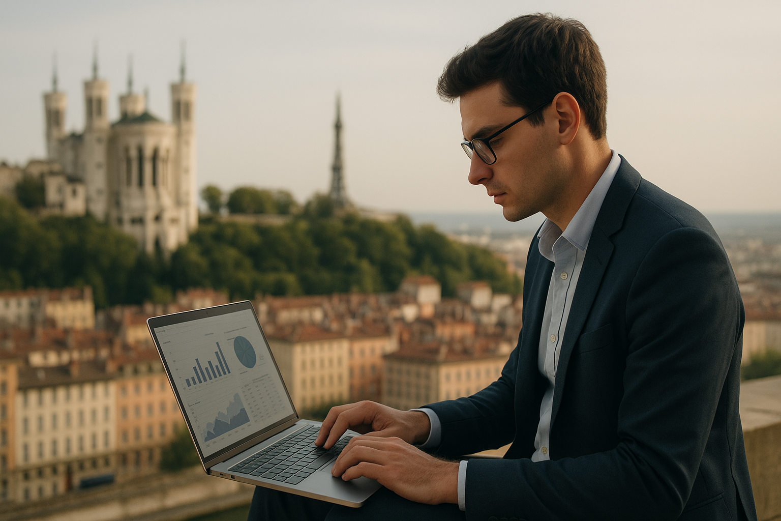 Vue de Lyon avec un consultant analysant des données sur son ordinateur portable.