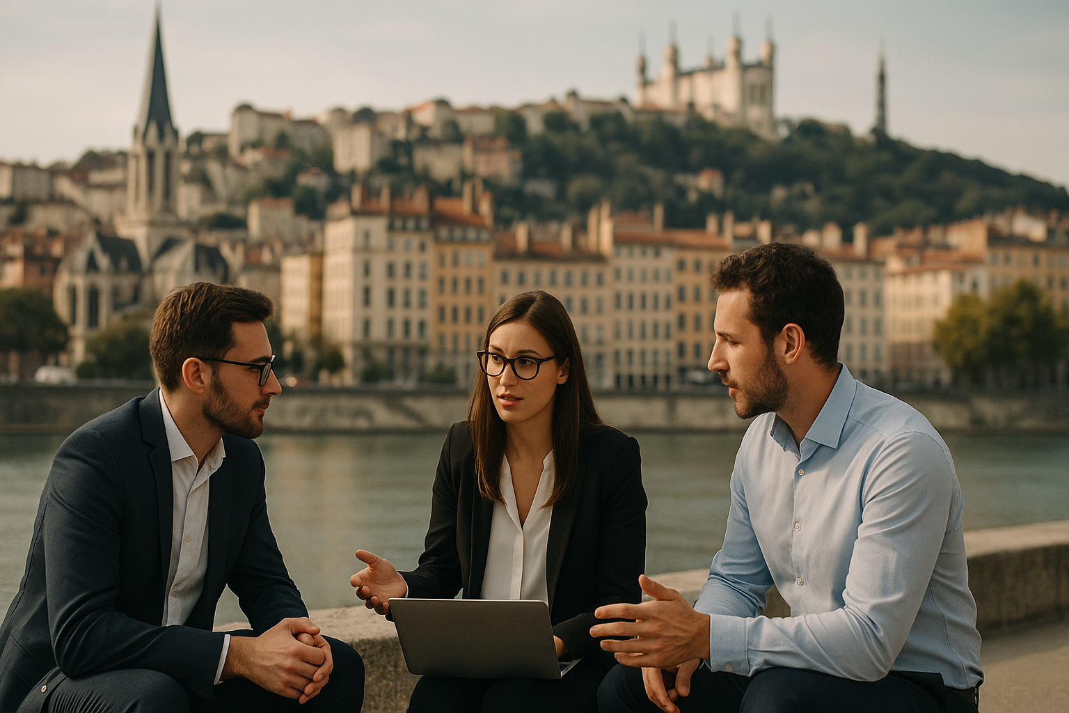 Vue panoramique de Lyon avec des consultants freelance discutant de stratégies tarifaires.