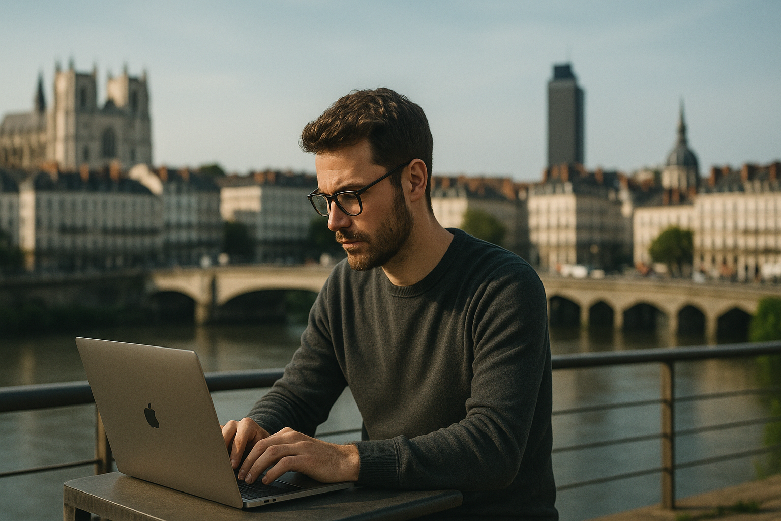Vue de Nantes avec un professionnel freelance travaillant sur son ordinateur.