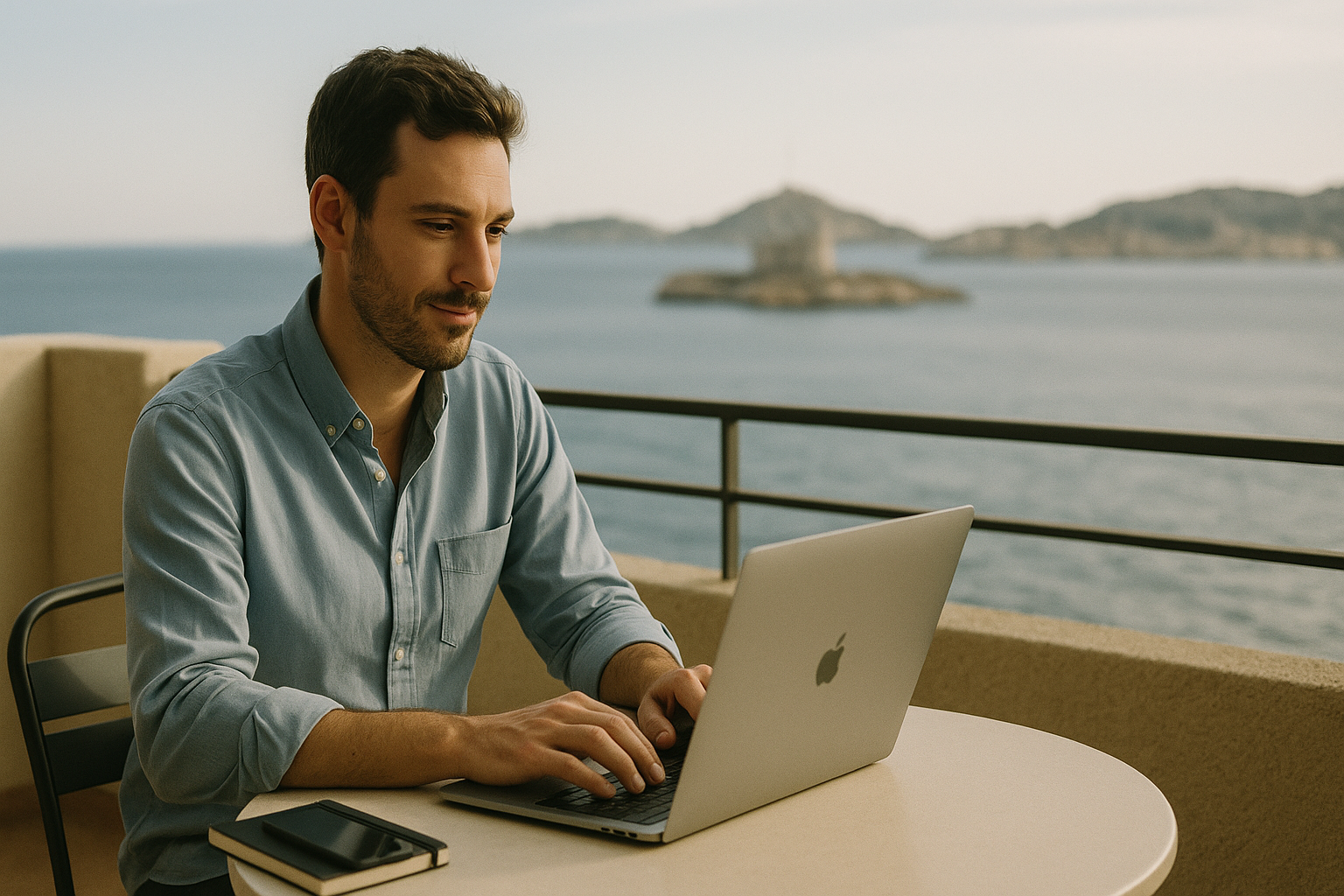 Freelance consultant travaillant sereinement à Marseille avec vue sur la mer.