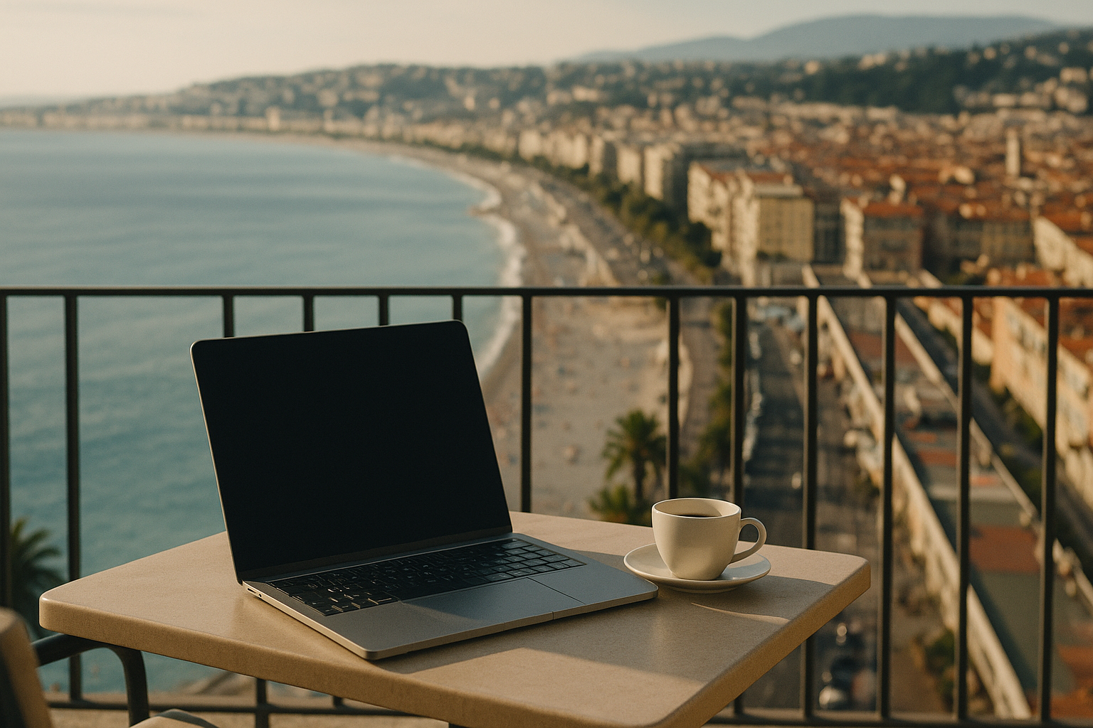 Vue de Nice avec un ordinateur portable sur une terrasse ensoleillée, symbolisant le travail freelance en équilibre