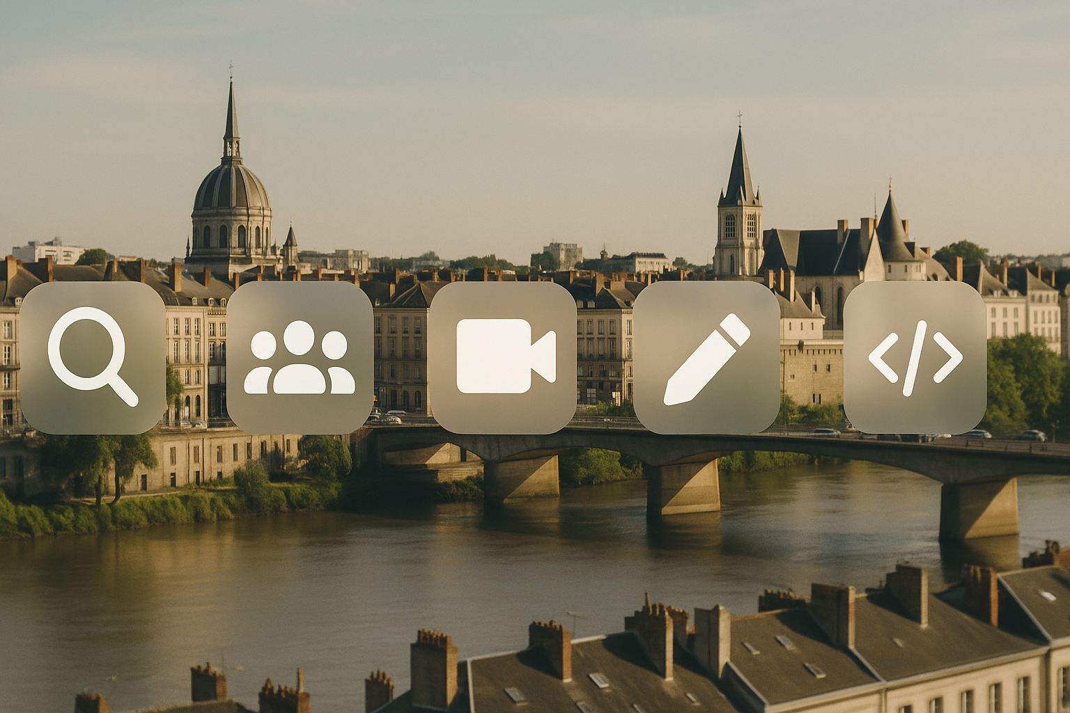 Vue de Nantes avec des icônes d'outils numériques en surimpression