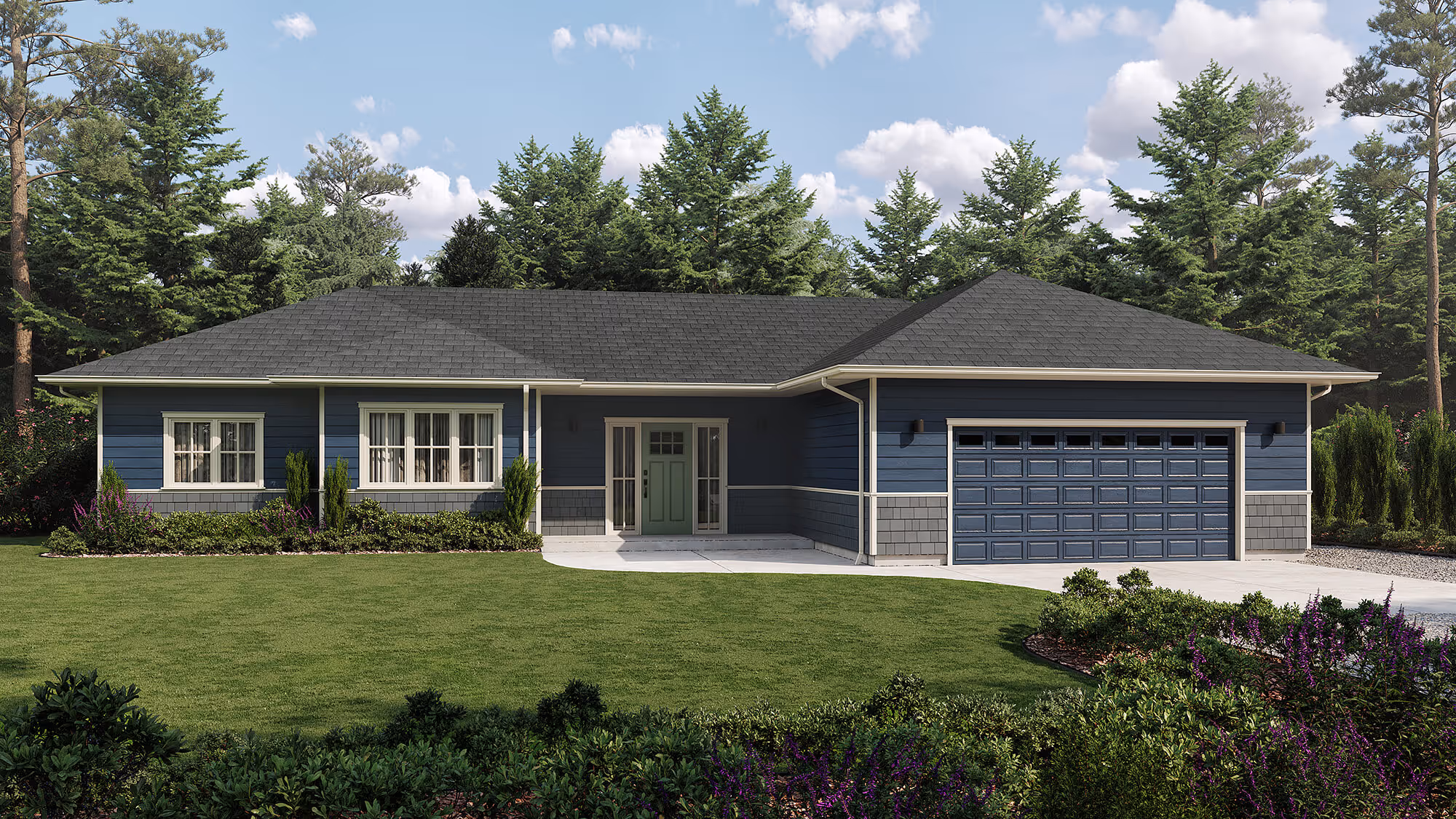 A front-view rendering of the Hadlock plan home from Alderbrook Properties; this single-story house features light blue siding, a dark gray roof, and an attached garage amidst a green lawn and tall trees.