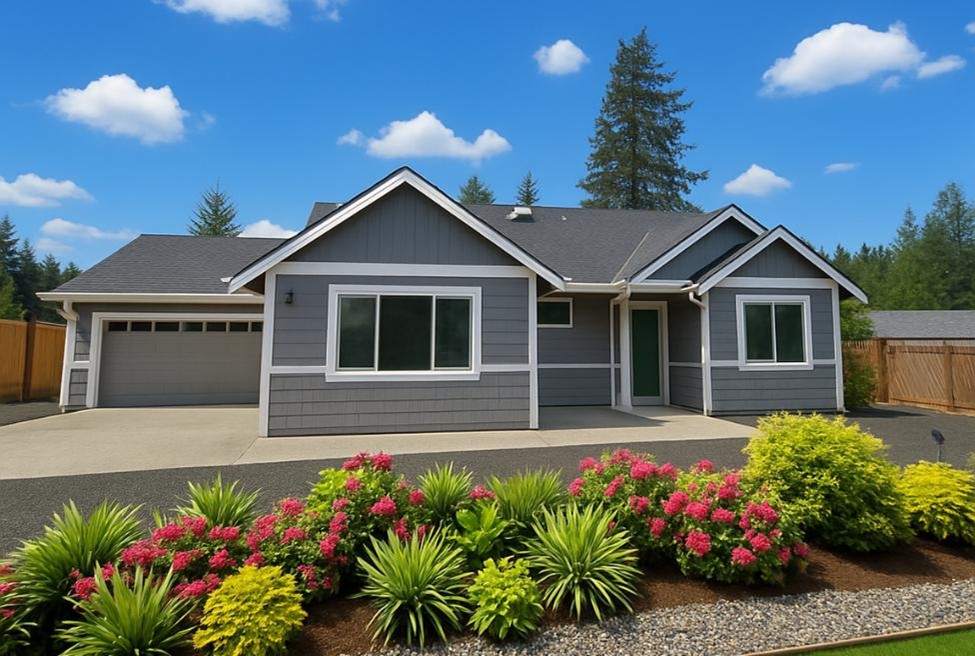 Front view of an Alderbrook Properties home, Lot 126 Twanoh that is grey with white window and door trim and has landscaping with privacy fence panels.