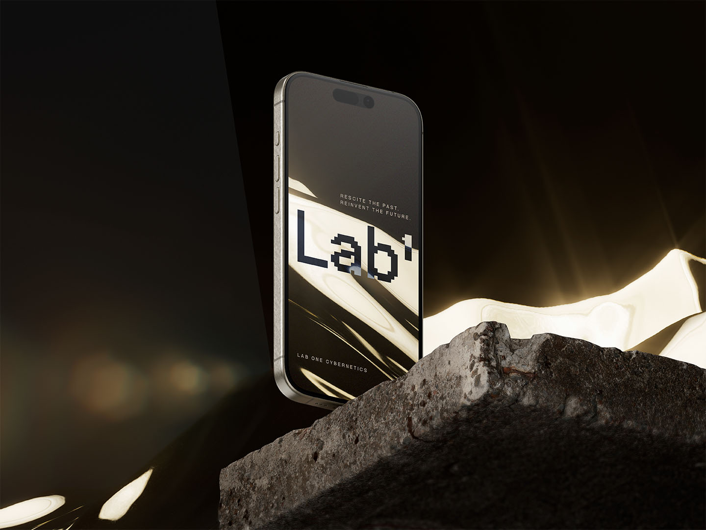 Smartphone floating above rough concrete block with illuminated abstract background.