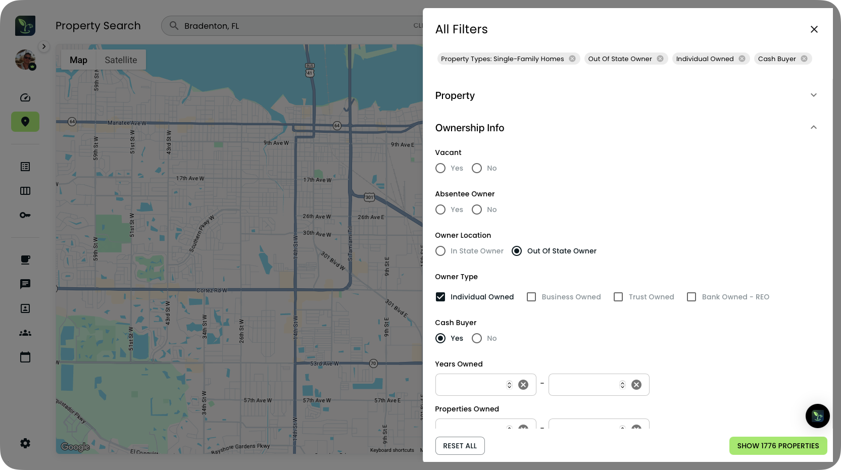 Advanced filter drawer showing 100+ property filters across categories including ownership, financial, mortgage, and foreclosure with Nest Leads motivated seller indicators